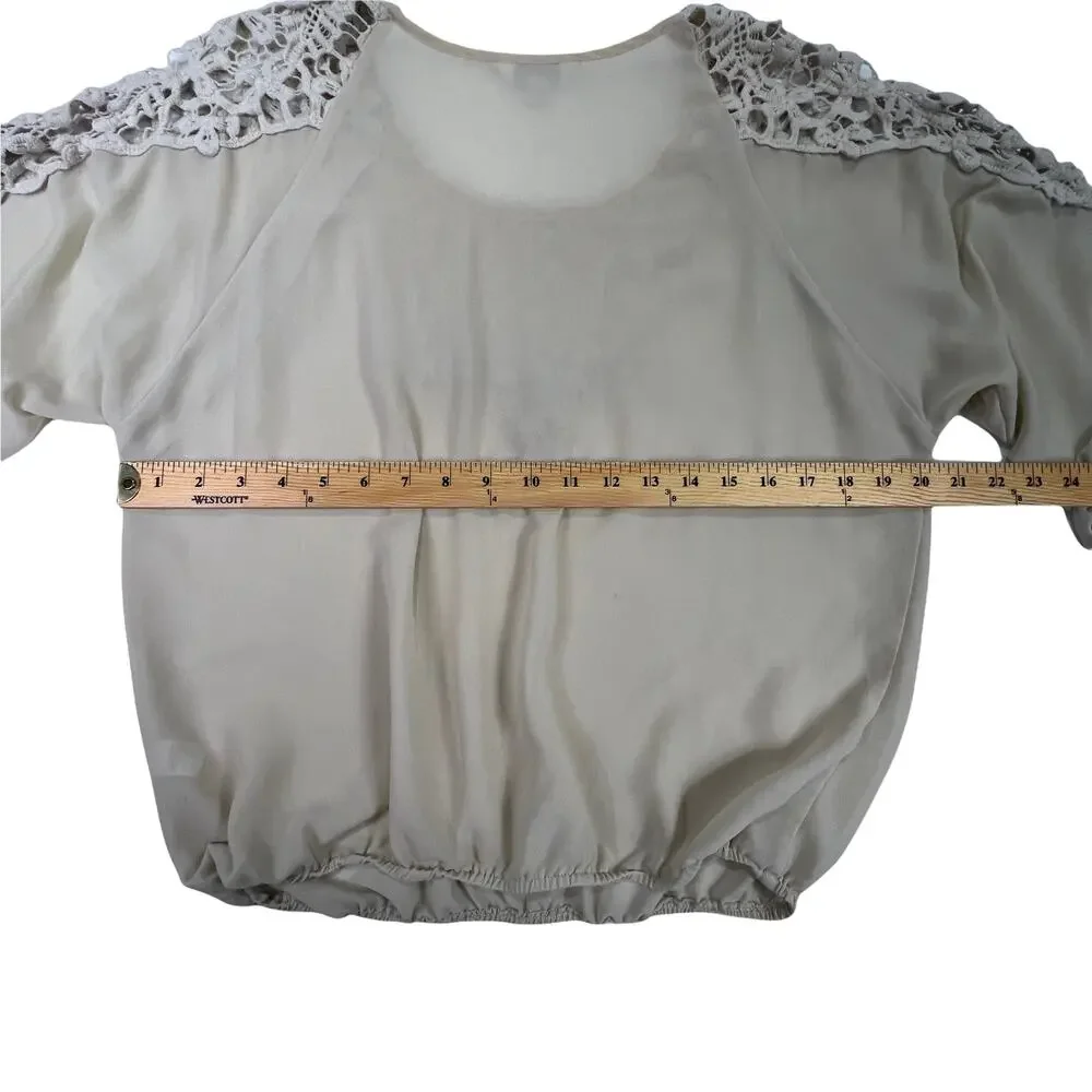 Charming Charlie Beige Semi Sheer Chiffon Crochet Lace Trimmed Blouse Top Small - Picture 9 of 12